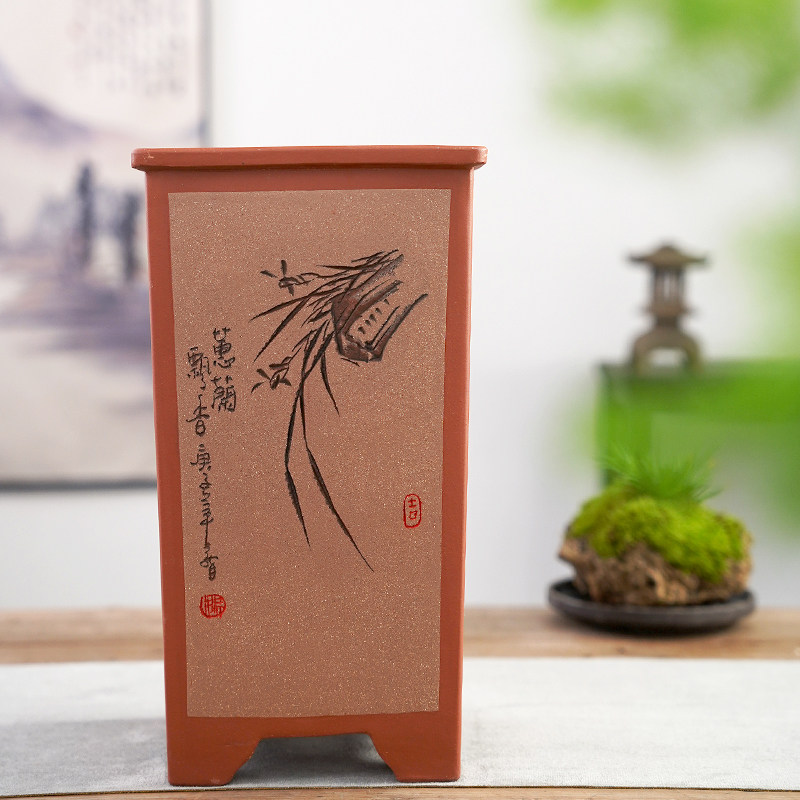 清香阁紫砂 双色平口四方花盆 悬崖桩高签筒盆景盆 室内大号兰花