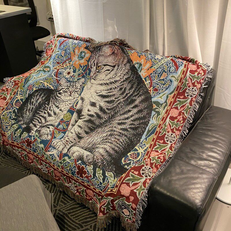 油画猫咪宠物面料针织编织挂毯北欧流苏超大加大四季款盖毯沙发毯