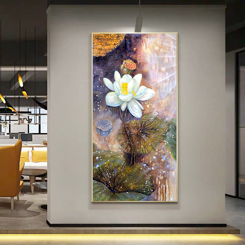 纯手绘油画荷花进门玄关画新中式港式轻奢走廓玄幻装饰画竖版过道