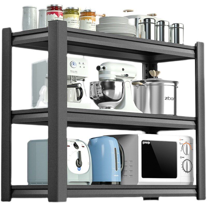 带轮子可移动厨房置物架碳钢三层落地储物收纳微波炉家用阳台货架