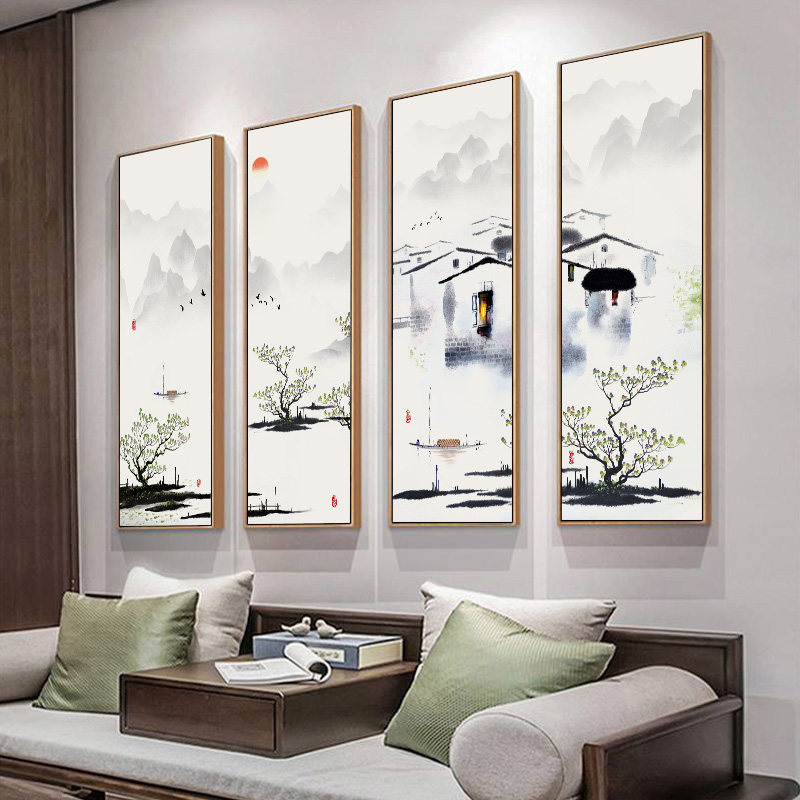江南水乡客厅挂画新中式沙发背景墙四联装饰画茶室竖版禅意水墨画
