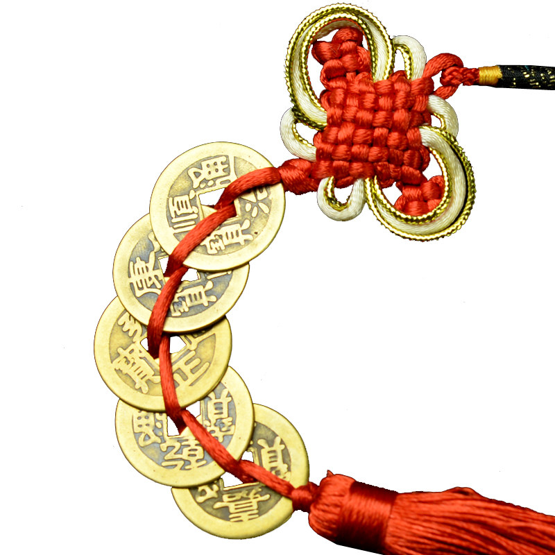 黄穗五帝钱挂件黄绳中国结六帝钱葫芦挂件 清代古币铜钱摆件