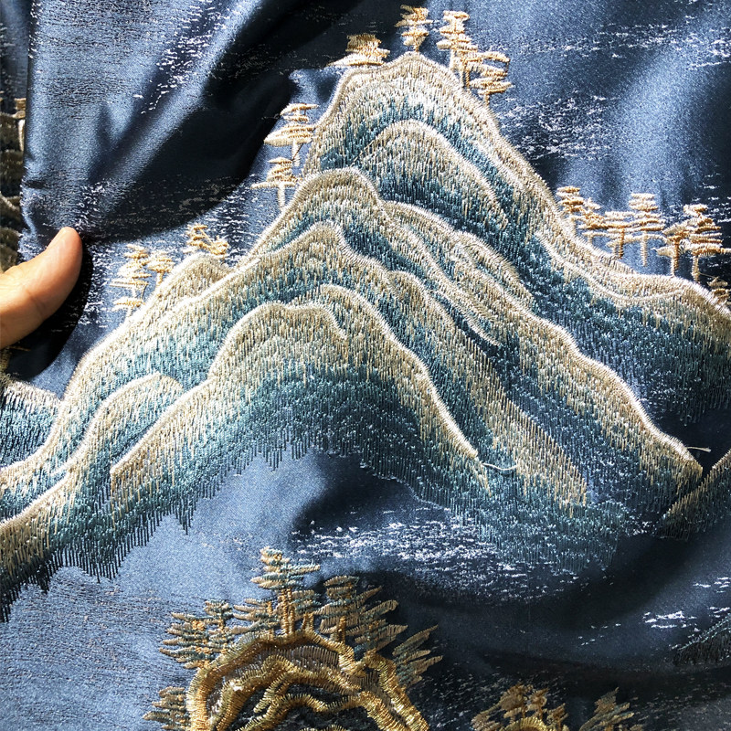 2021流行高档新中式复古奢华大气客厅卧室山水画绣花窗帘窗纱定制