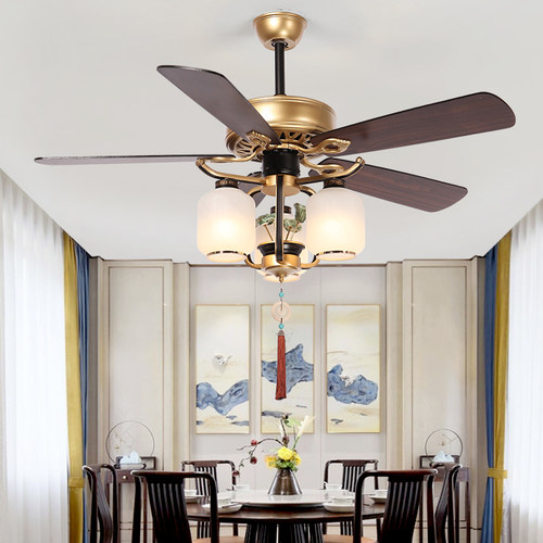 新中式风扇灯吊扇灯客厅餐厅茶室卧室风扇吊灯木叶静音带灯电扇灯