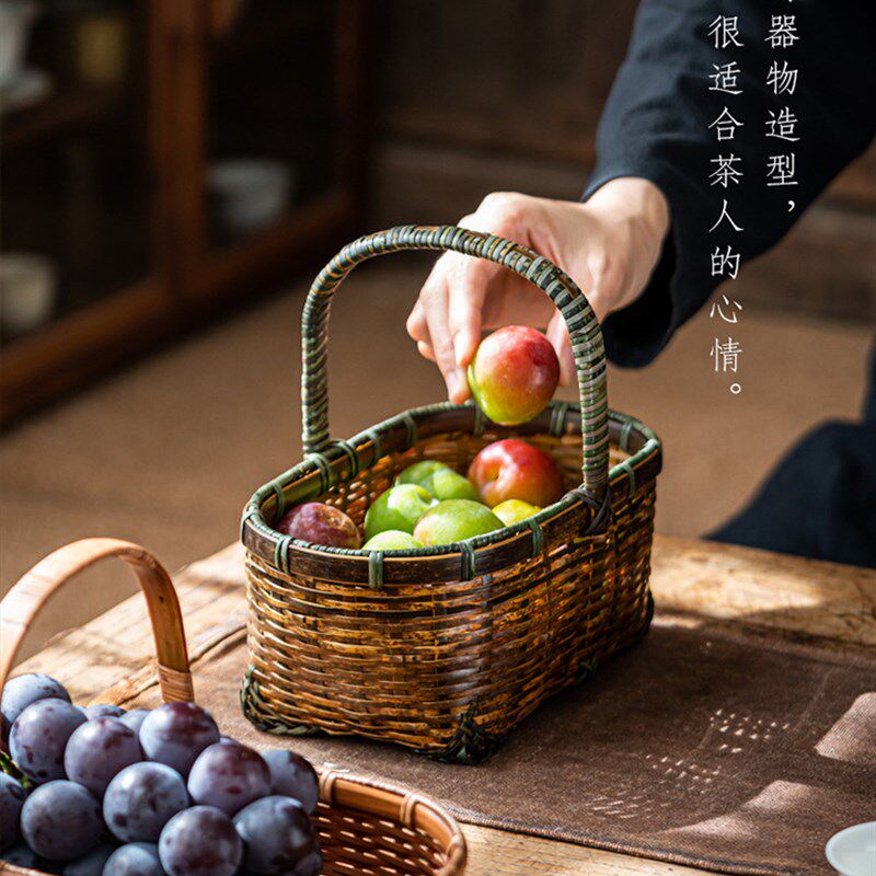 竹编复古手提篮子精编迷你茶具收纳篮手工编织水果篮紫竹小收纳筐