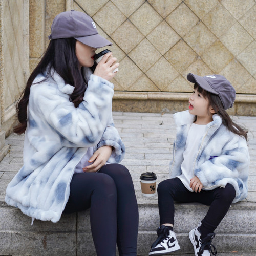 亲子装冬装男女童兔毛仿皮草外套母子宝宝加绒毛毛棉服母女装棉衣