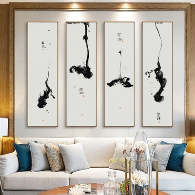 新中式禅意客厅装饰画四联沙发背景墙画意境水墨茶室壁画竖版挂画