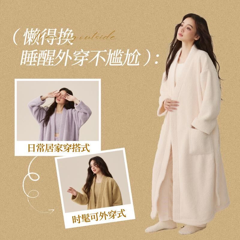 秋冬季女士睡衣半边绒加长厚睡袍珊瑚绒套装晨浴袍情侣睡袍男生