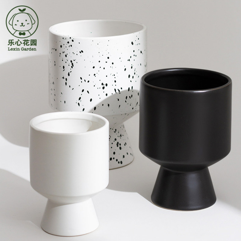 现代几何简约高脚陶瓷花盆器创意ins北欧黑白蝴蝶兰套盆 无孔水培