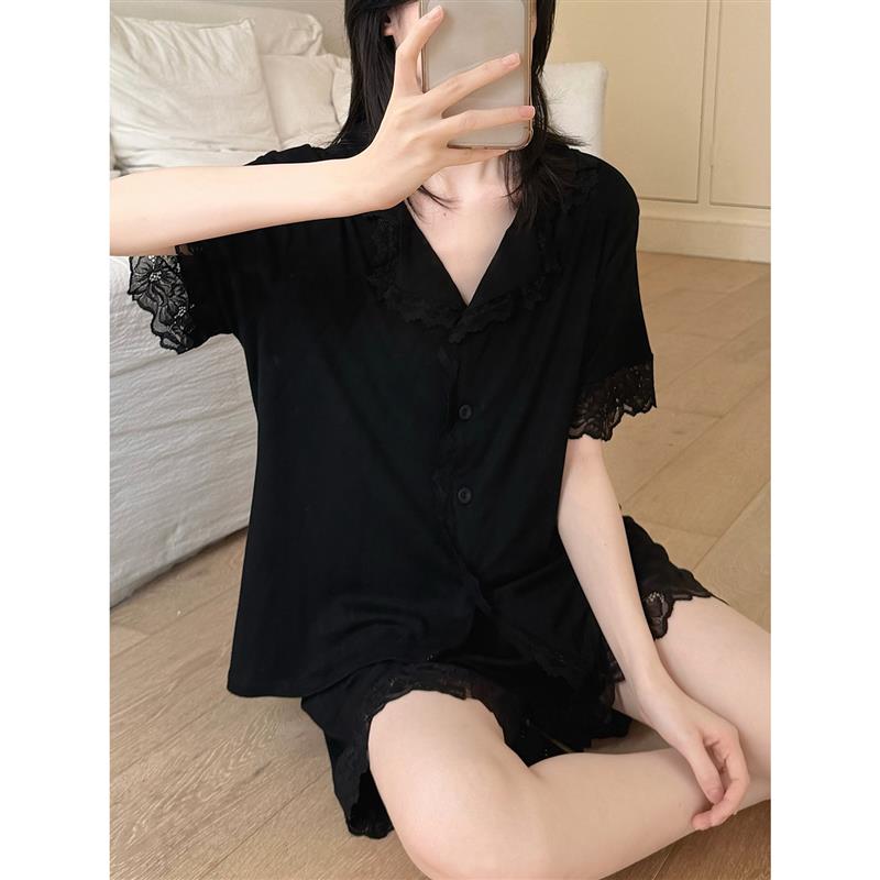 睡衣女士夏季莫代尔棉短袖2026新款黑色蕾丝花边高级感家居服套装