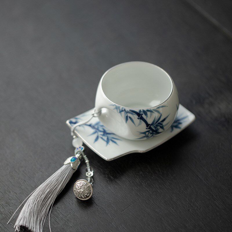 手绘青花竹子陶瓷茶杯主人杯女士精致单杯中式品茗杯套杯带流苏