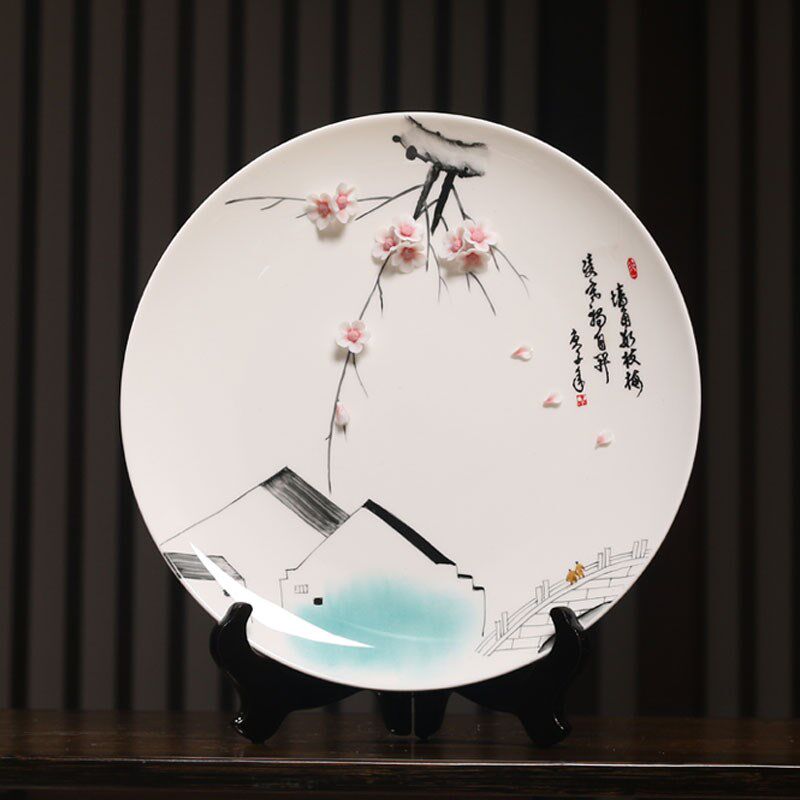 陶瓷花挂盘摆件瓷器工艺品富贵牡丹纯手工捏花客厅办公室瓷雕摆设