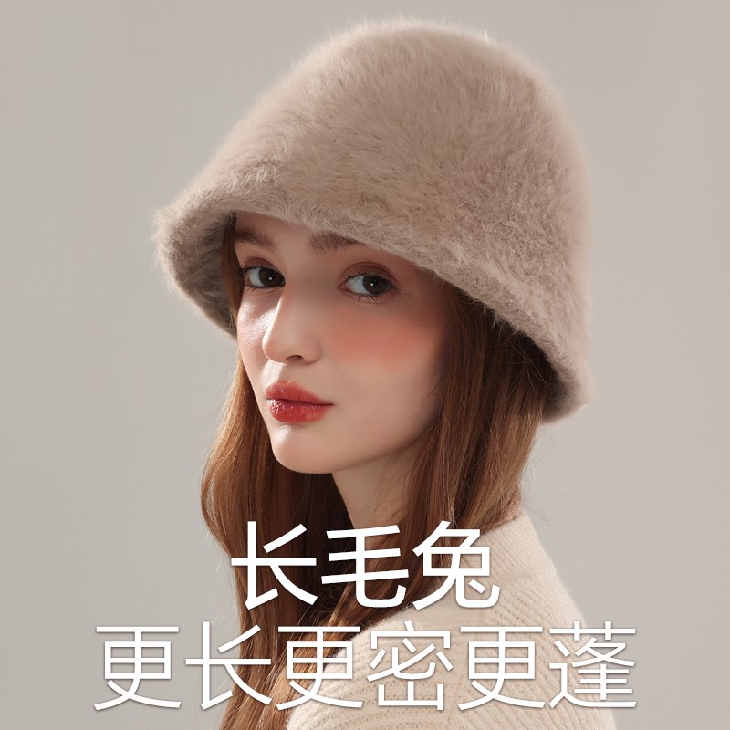 ZNHN秋冬新款长毛兔毛盆帽渔夫帽黑色保暖女毛绒水桶帽礼物礼盒装