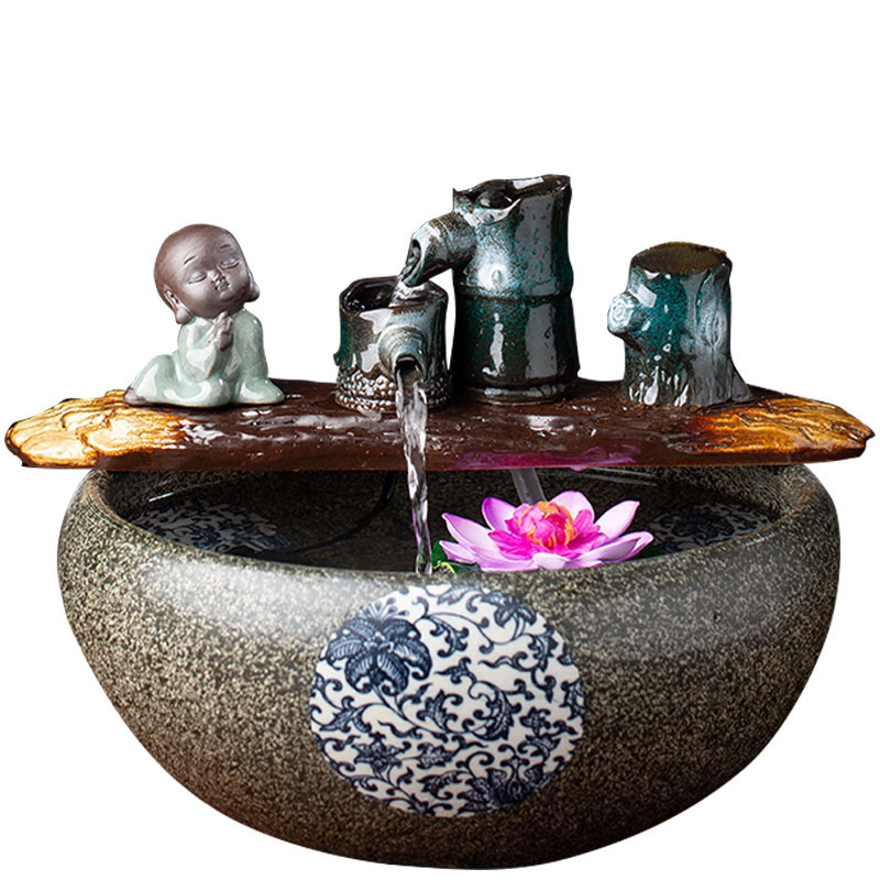 流水陶瓷鱼缸水循环增氧加湿器乔迁风水装饰水泵客厅摆件养金鱼缸