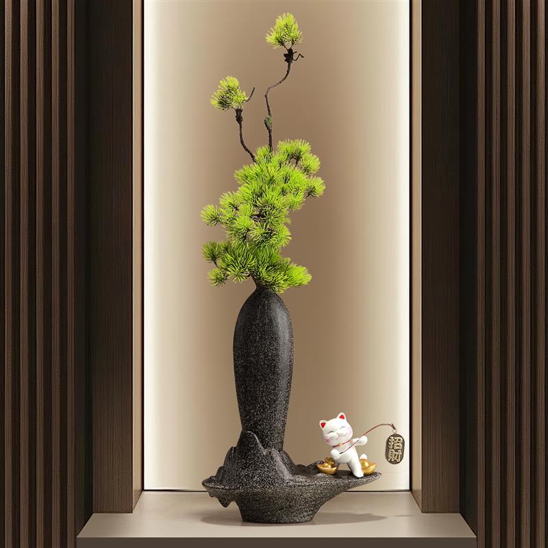 中古意式陶瓷竖长高档花瓶客厅迎客松花艺装饰品入户玄关屏风摆件