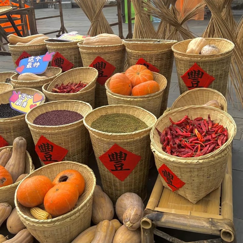 复古色竹编箩筐饭店明档摆台食材展示筐蔬菜陈列收纳筐竹篮簸箕筐