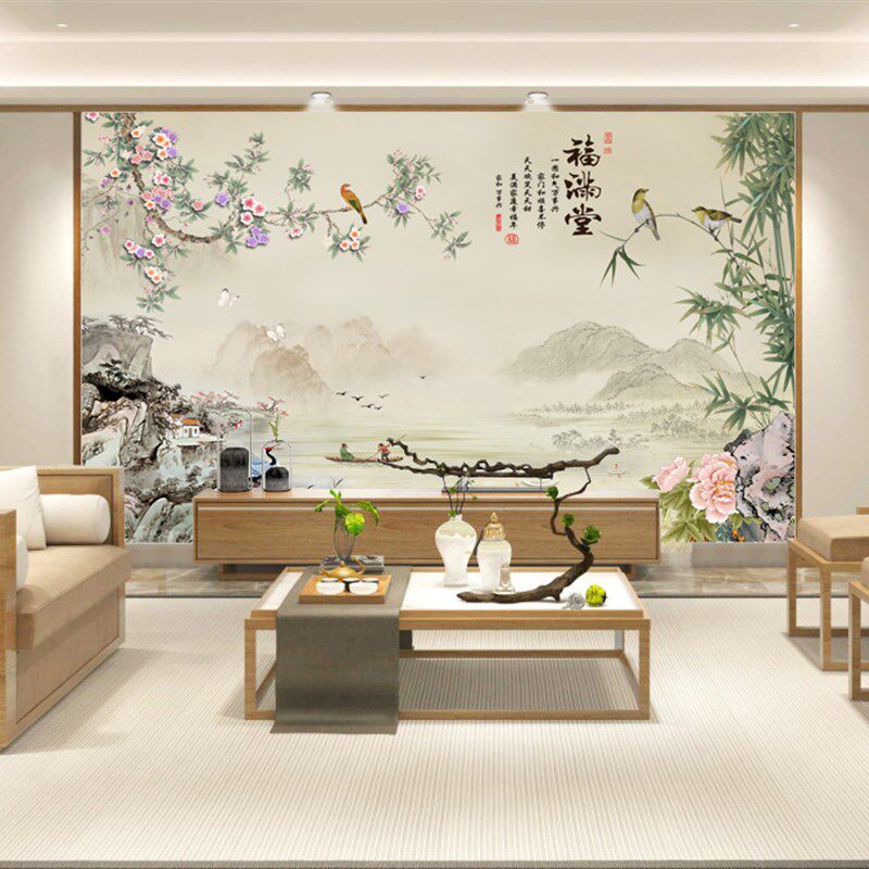 新中式2024山水画竹子花鸟8D客厅电视背景墙纸壁画影视墙壁布壁纸