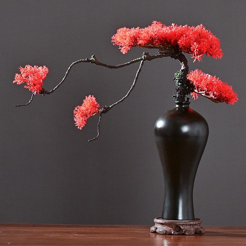 仿真迎客松盆景中式摆件陶瓷花瓶假花松树小植物客厅茶室布置装饰