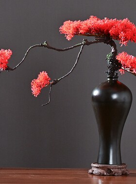 仿真迎客松盆景中式摆件陶瓷花瓶假花松树小植物客厅茶室布置装饰