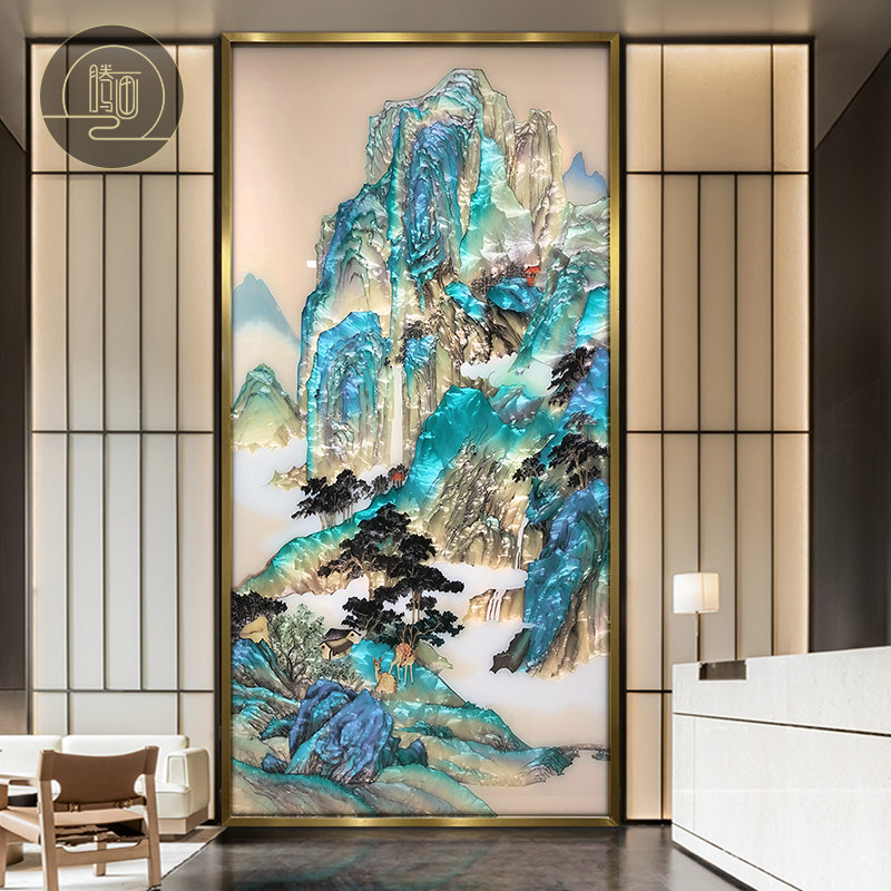 玄关珐瑯彩装饰画新中式轻奢手绘挂画走廊客厅大幅壁画千里江山图