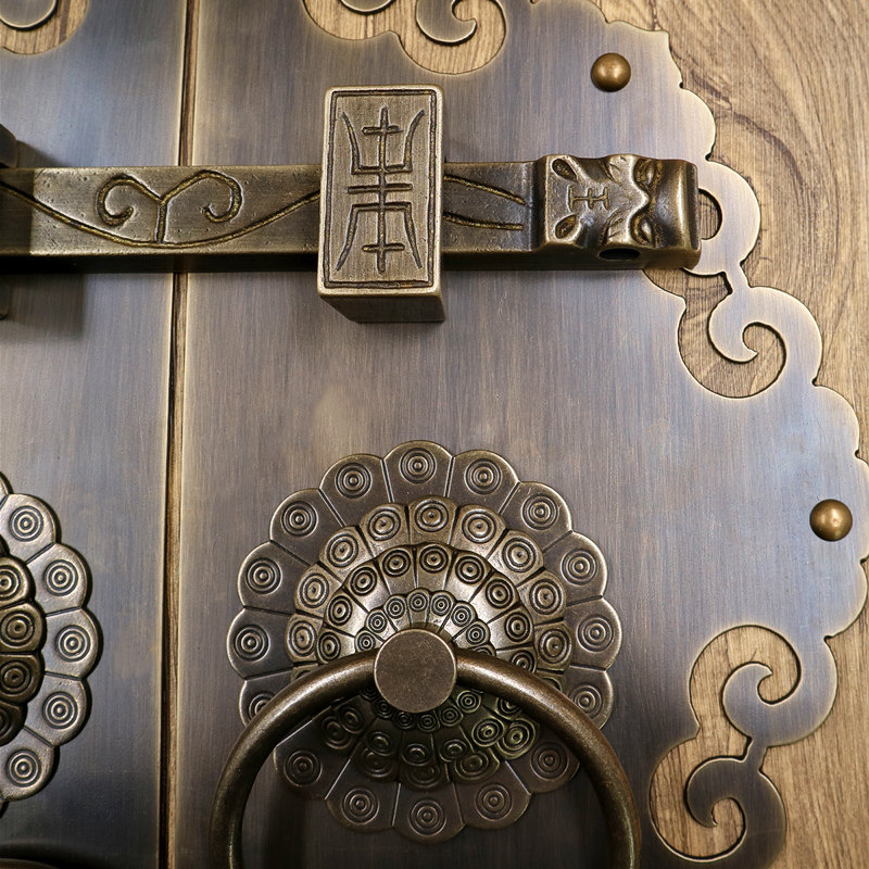 仿古铜门环明装新中式黄铜木门把手单孔拉手加粗纯铜栓老式大拉环