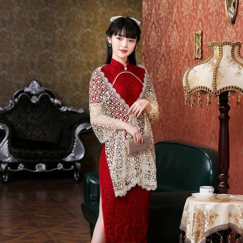 喜妈妈旗袍披肩外搭春秋款蕾丝婚宴装夏季薄款结婚宴会配礼服围巾