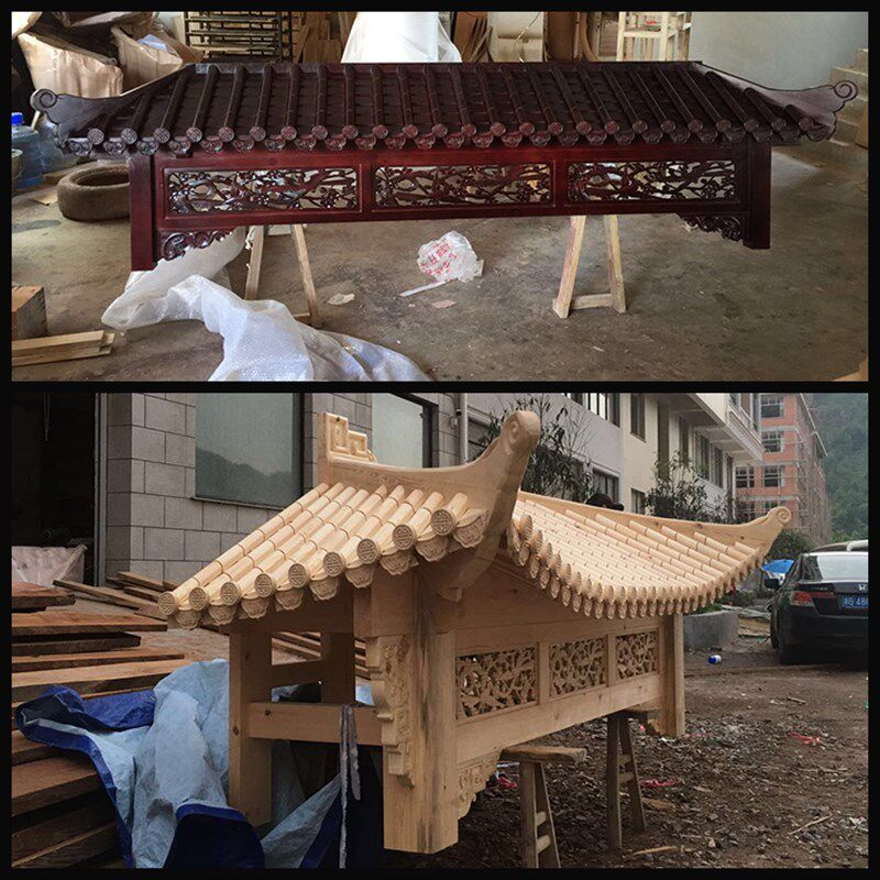 东阳木雕古建筑仿古实木屋檐中式飞檐翘角斗拱防腐木门楼门头装饰