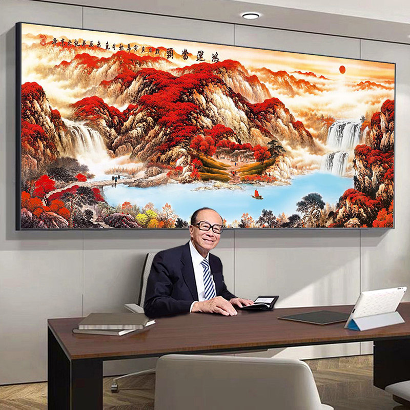 鸿运当头国画山水画聚宝盆客厅办公室挂画装饰画国画沙发背景墙布