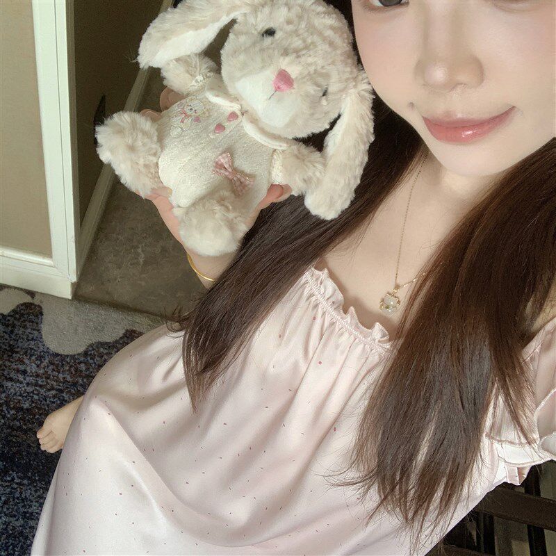 2025新款粉色波点冰丝绸睡裙夏季女款甜美小飞袖睡衣家居服连衣裙