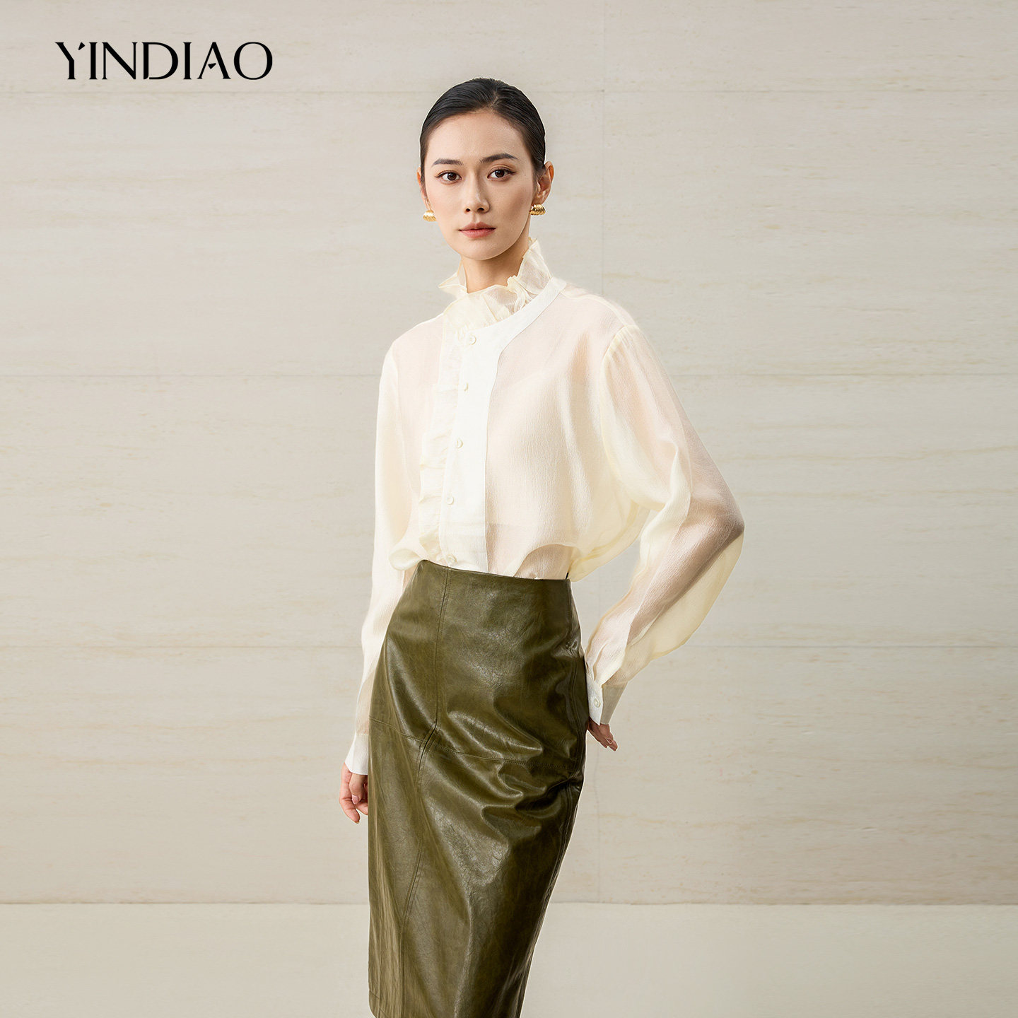 YINDIAO引调通勤时尚简约2026冬新品木耳领拼接长袖衬衫法式小衫