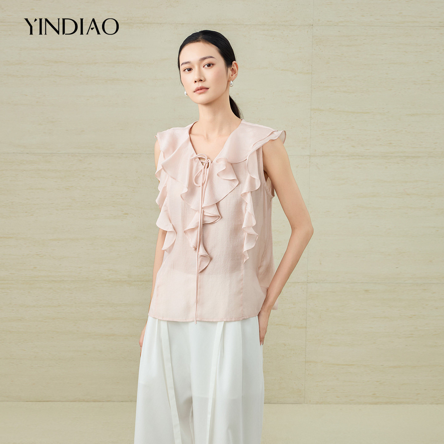 YINDIAO引调系带荷叶边无袖小衫