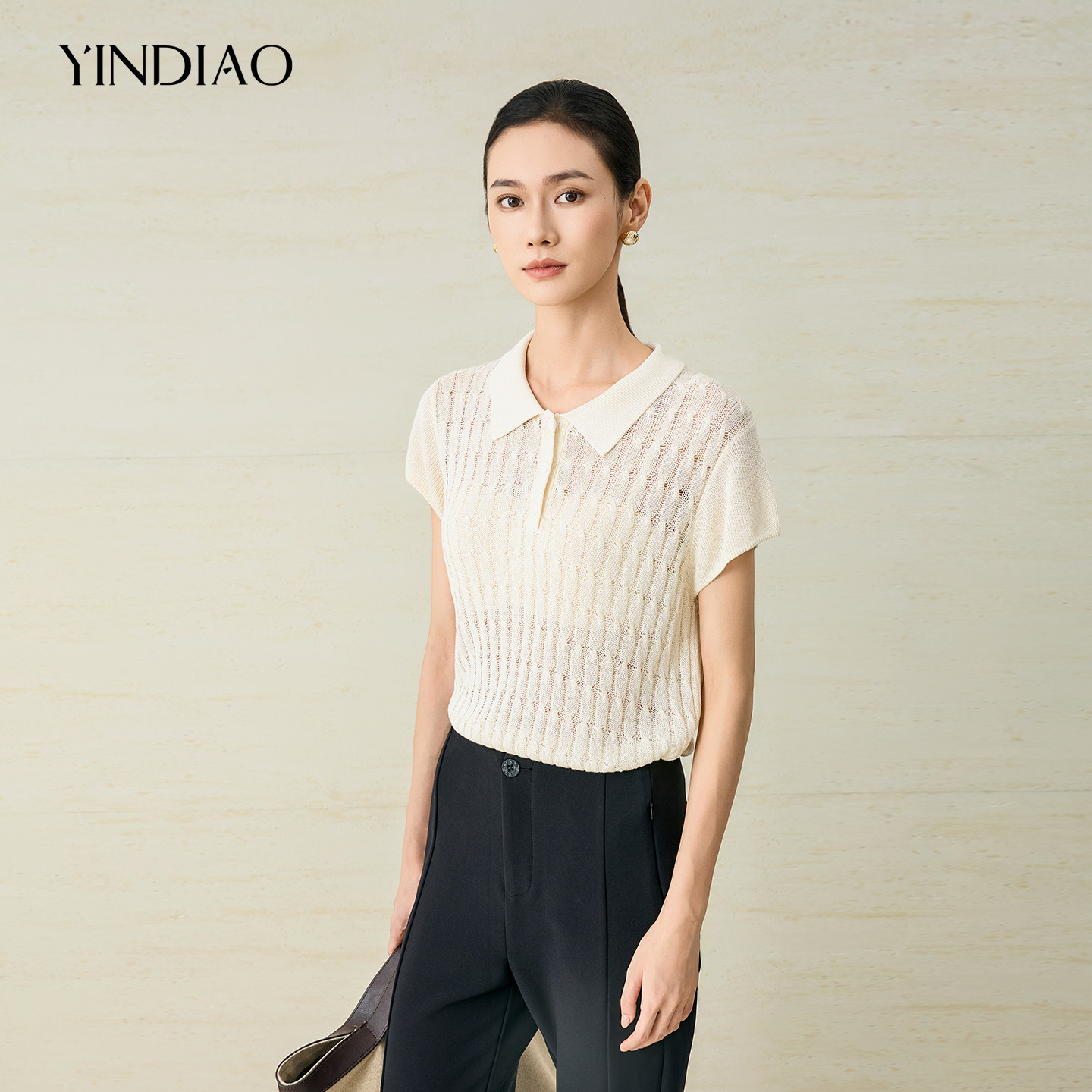 YINDIAO引调麻花针织百搭polo款通勤简约半排扣净色套头针织衫