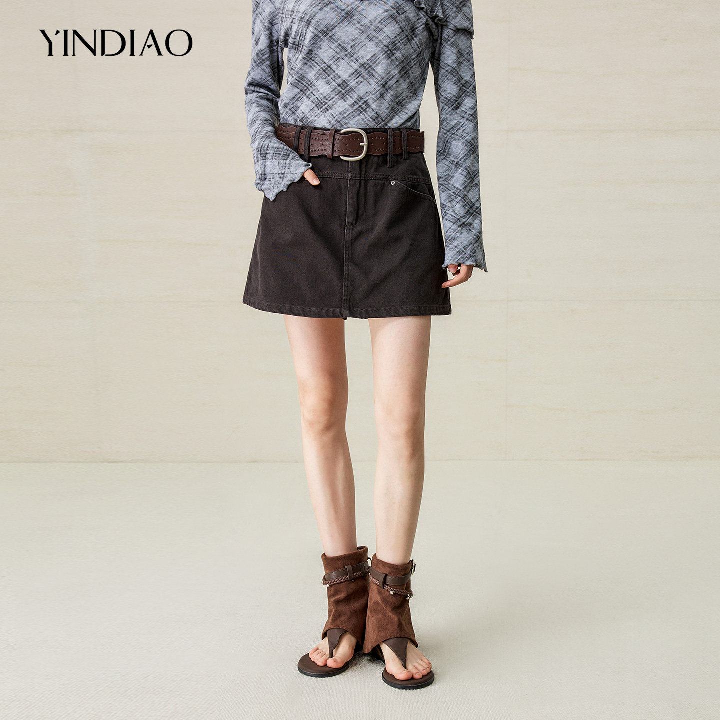 YINDIAO引调配镂空皮带短裤裙