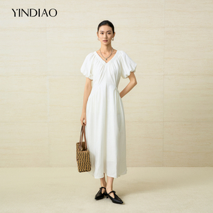 YINDIAO引调夏日云上舞白净色法式泡泡袖V领淡色系连衣裙莱赛尔
