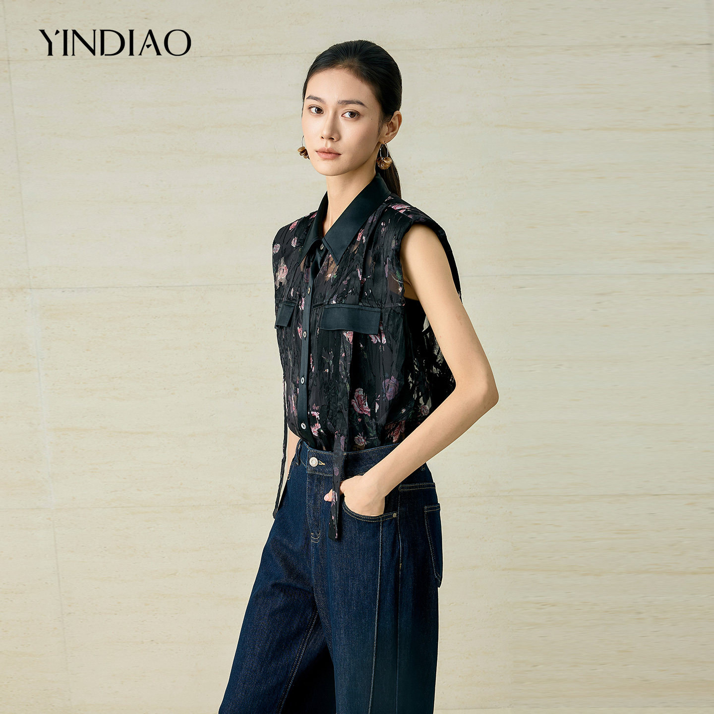 YINDIAO引调玫瑰印花提花衬衫