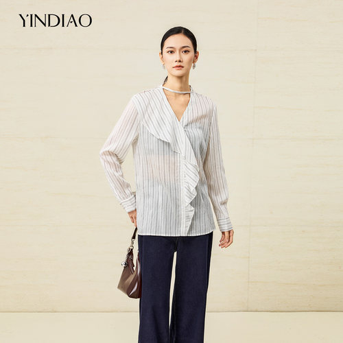 YINDIAO引调莱赛尔条纹长袖小衫