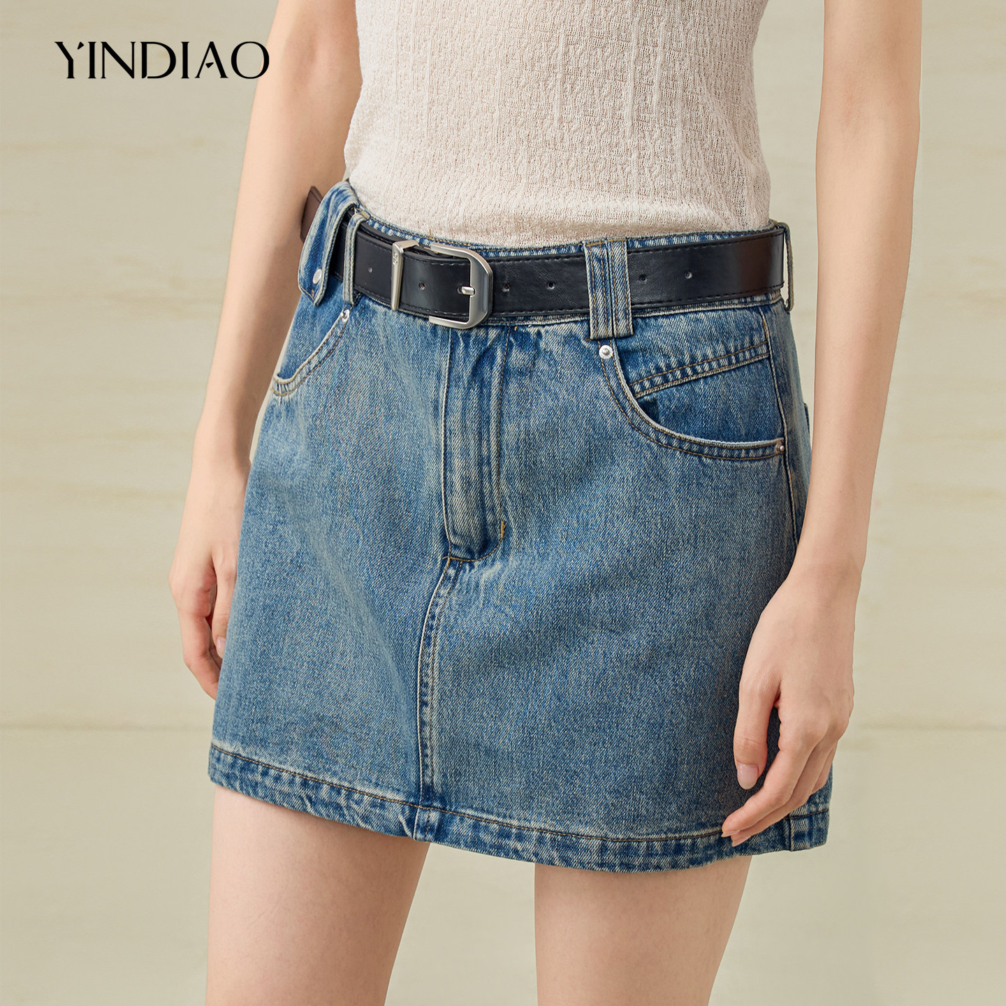 YINDIAO引调简约双插袋牛仔短裙