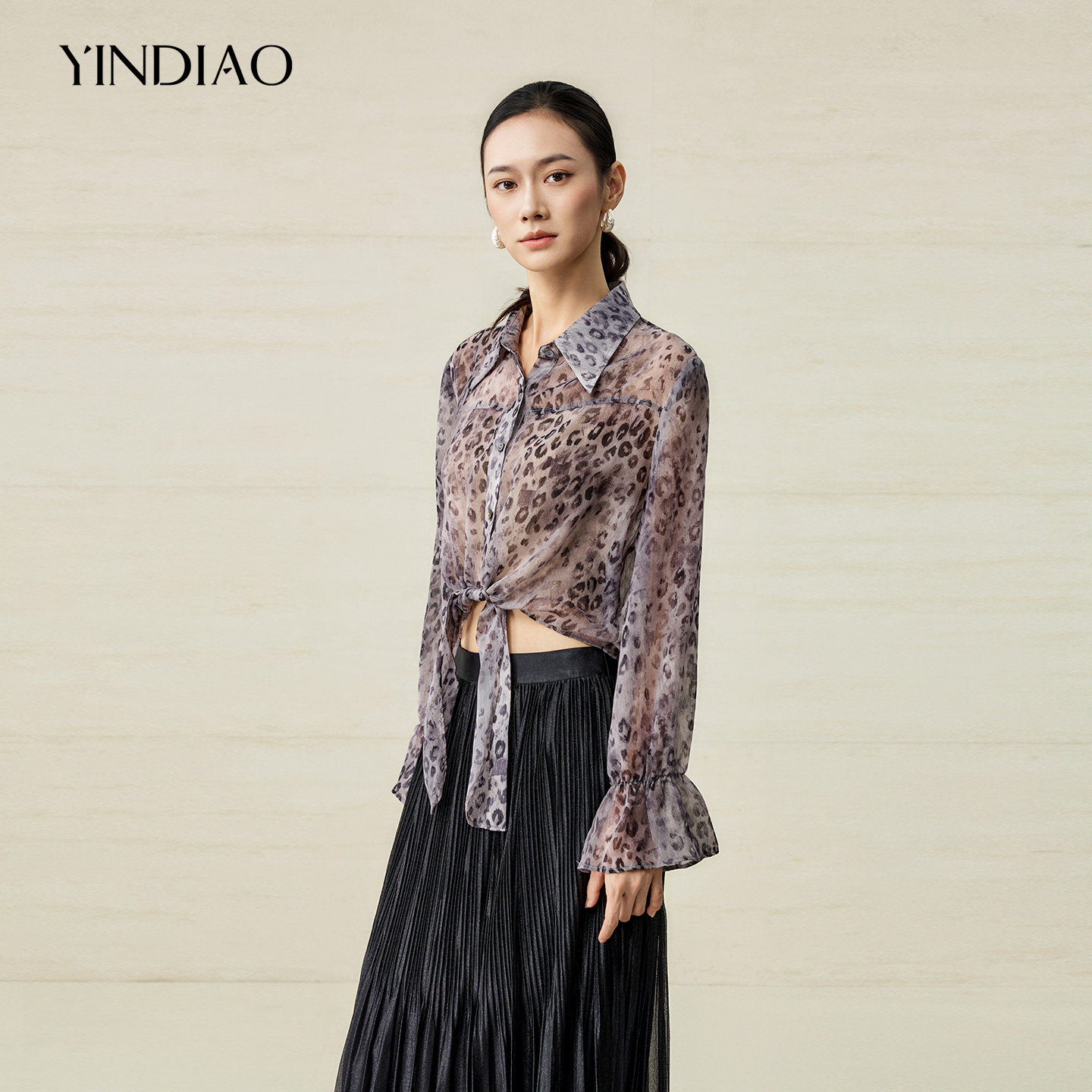 YINDIAO引调扭结绑带印花衬衫