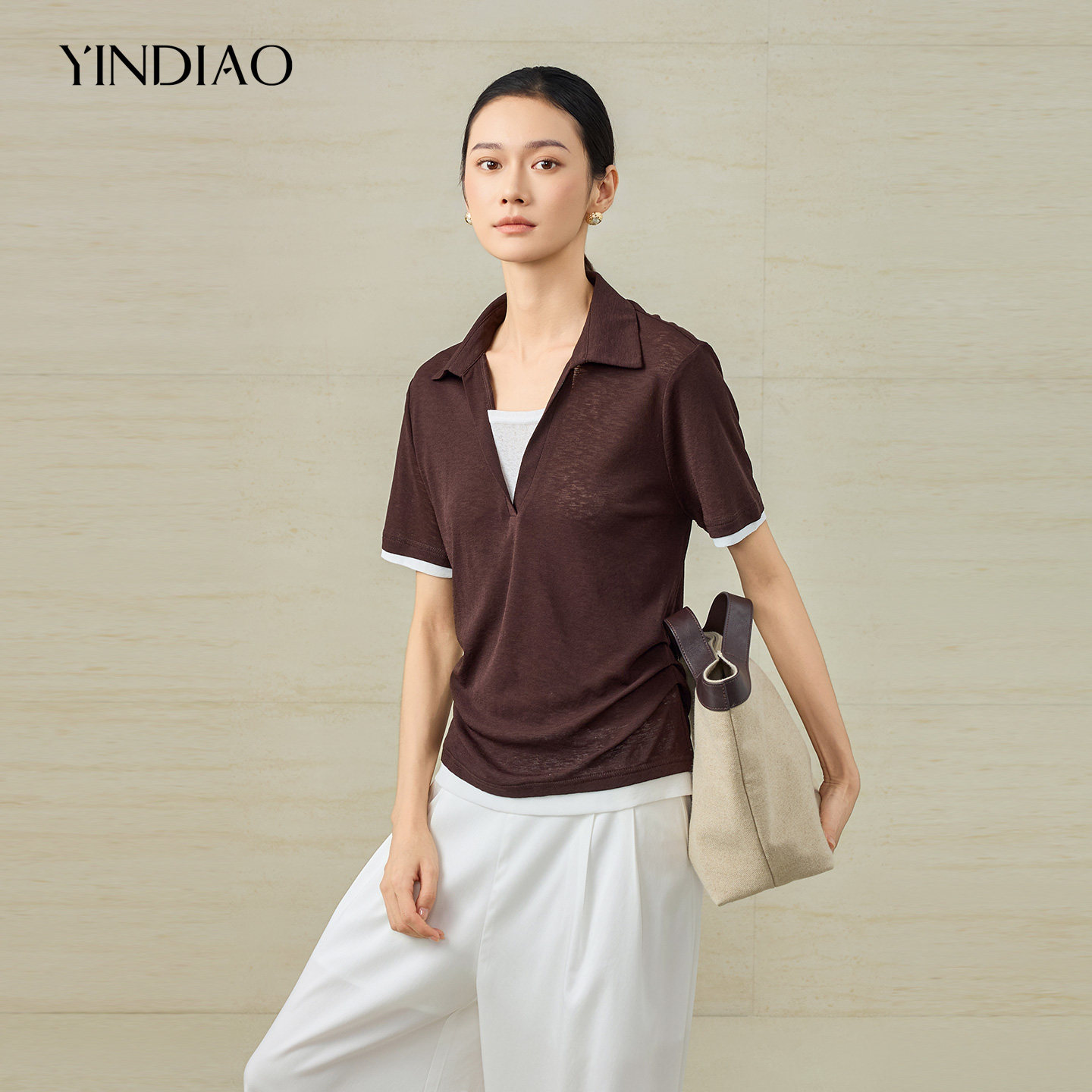 YINDIAO引调翻领拼色短袖小衫