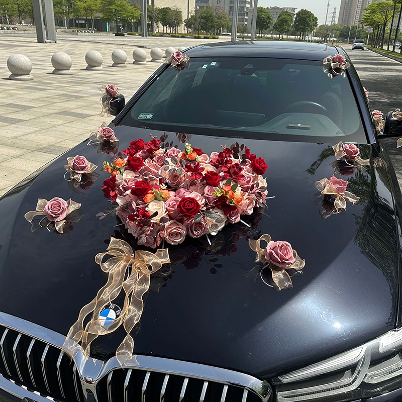 复古红咖色婚车装饰车头花爱心主婚车装饰花车布置结婚全套吸盘