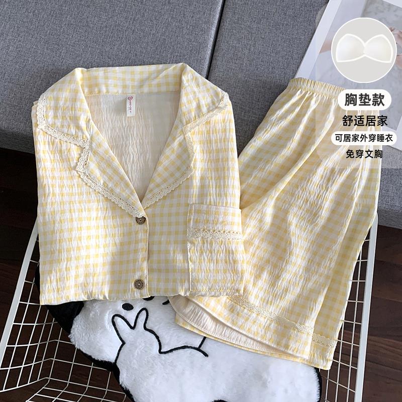 黄色格子短袖睡衣女士带胸垫夏季新款云朵棉纱蕾丝花边家居服套装