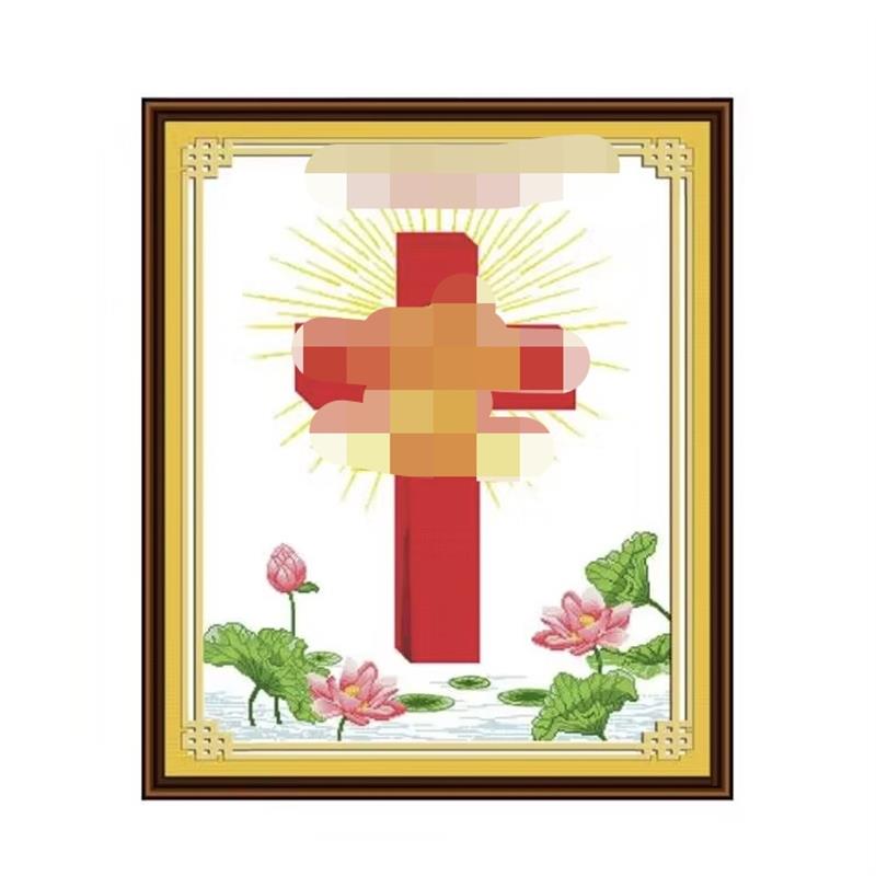 Z037自己绣非成品清晰印花十字绣荷花爱版红十字有勾边27色70x83
