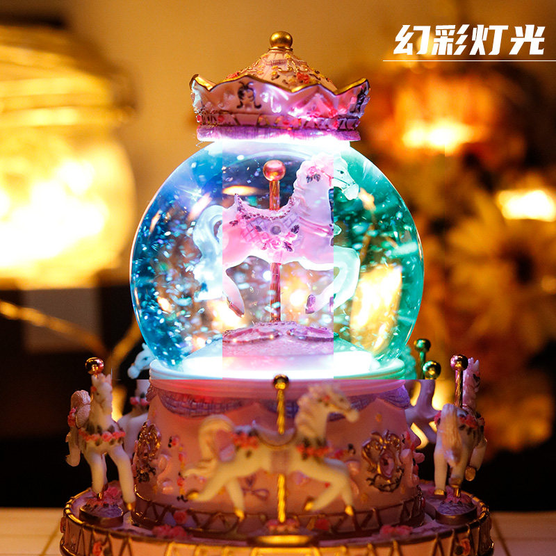 创意旋转木马音乐盒水晶球八音盒节日送儿童新年女孩生日礼物摆件