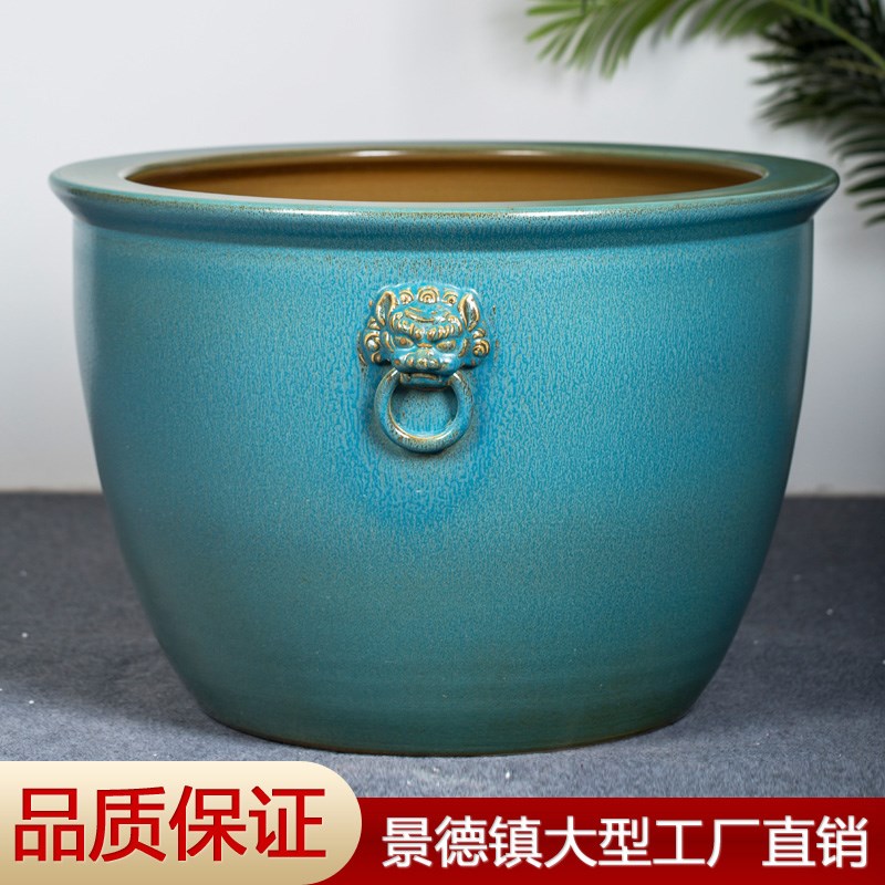 景德镇蓝釉陶瓷花盆特大号客厅荷花睡莲盆室外庭院种树大缸养花盆