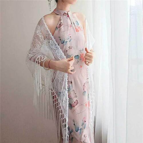 蕾丝旗袍披肩三角巾围巾长款女复古民国风手工流苏夏白色黑色