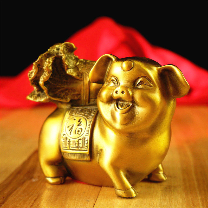纯铜百财金猪摆件生肖猪拉白菜招财富贵猪客厅办公室桌面装饰送礼