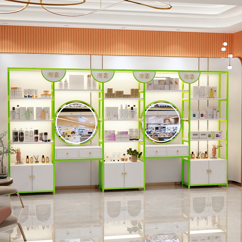 美容院产品展示柜轻奢化妆品展示架美甲店货架置物架子带灯陈列柜
