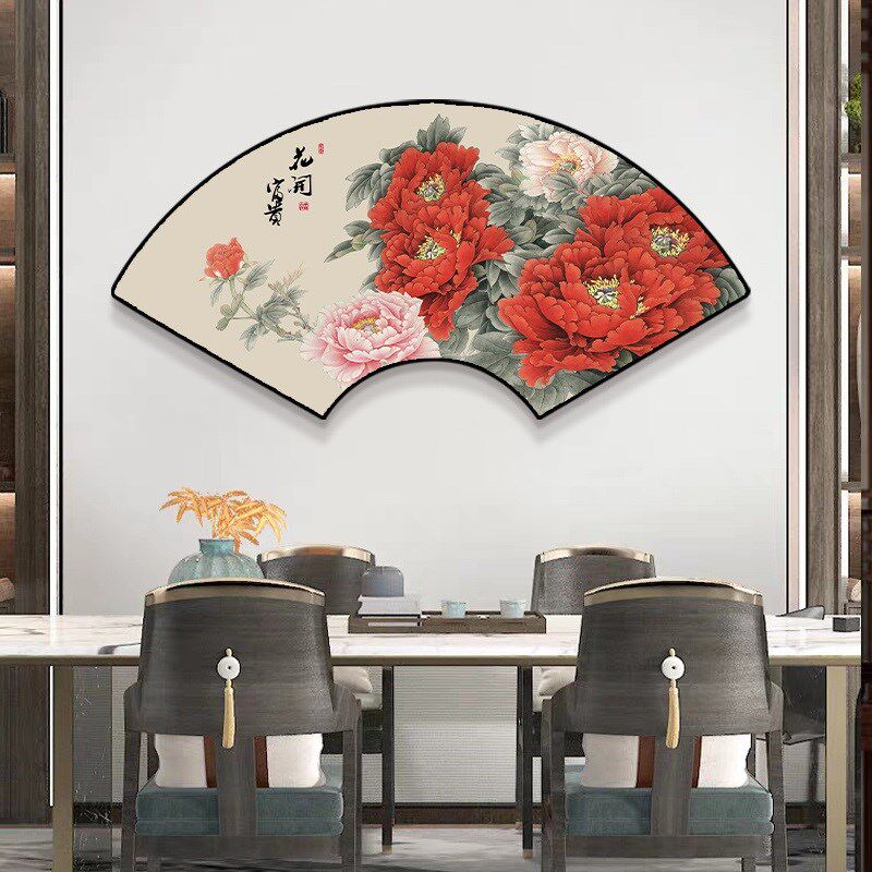 扇形装饰画牡丹花挂画门顶扇面客厅卧室床头壁画新中式花开富贵图