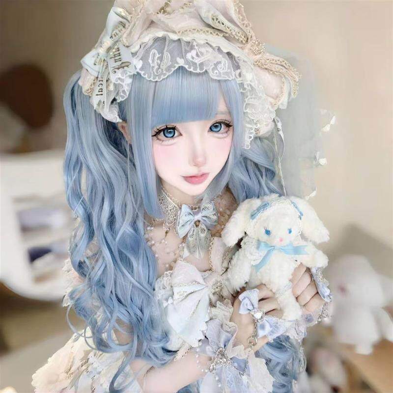 新款 冰蓝色假发早古姬系Lolita虎口夹双马尾 冰蓝色日常长卷发
