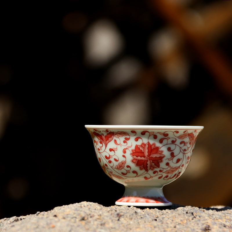 青花釉里红缠枝莲高脚杯主人杯陶瓷品茗杯青花瓷大号茶杯个人单杯